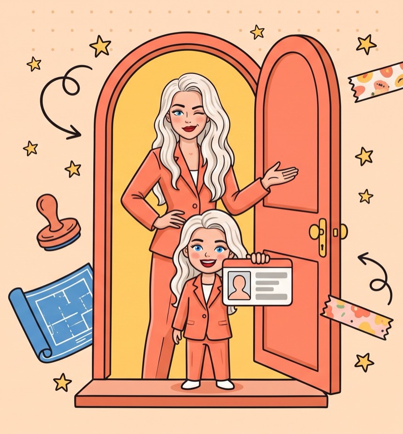 Ana și mini-Ana în ușa unei firme, ilustrație